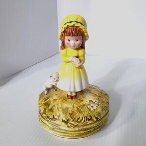 Musical Figurine Girl In Yellow With White Cat Schmid Welcher Vintage 70's